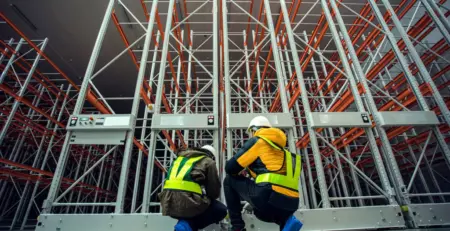 Two individuals in safety gear are crouched down in a large warehouse filled with metal shelving units. They appear to be inspecting or discussing something near the base of the shelves.