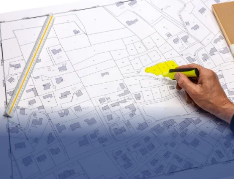 A hand is holding a yellow highlighter, marking an area on a detailed map that features various buildings and streets. A ruler is positioned alongside the map, indicating a focus on precision in the planning process.