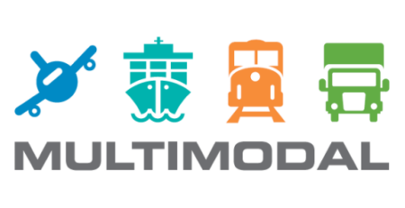 Icons representing different modes of transportation—airplane, ship, train, and truck—are displayed alongside the word "MULTIMODAL." This design emphasizes the integration of various transport methods.