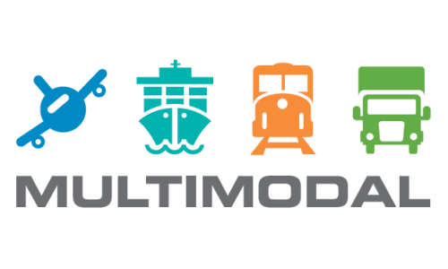 Icons representing different modes of transportation—airplane, ship, train, and truck—are displayed alongside the word "MULTIMODAL." This design emphasizes the integration of various transport methods.