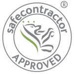 A circular logo featuring the text "safecontractor" and "APPROVED" around a stylized lion design. The logo includes green accents and a registered trademark symbol.