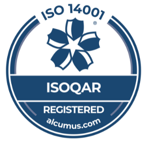 A circular logo featuring a flower design, indicating ISO 14001 certification. The logo includes the text "ISOQAR REGISTERED" and the website "alcumus.com."