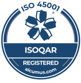 A circular logo featuring a blue flower design, indicating ISO 45001 certification. The text includes "ISOQAR" and "REGISTERED," along with the website "alcumus.com."