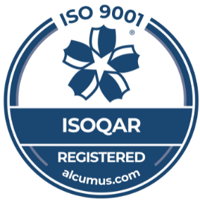 A circular logo featuring a stylized flower design, indicating ISO 9001 certification. The text includes "ISOQAR" and "REGISTERED," along with the website "alcumus.com."