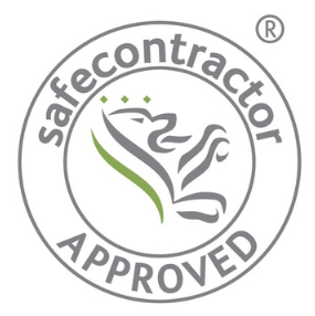 A circular logo featuring a stylized lion and the text "safecontractor APPROVED." The design includes green accents and a registered trademark symbol.