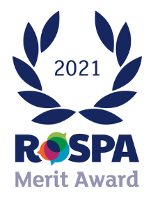 A logo featuring a laurel wreath and the text "ROSPA Merit Award 2021." The design includes colorful elements and emphasizes recognition for safety achievements.