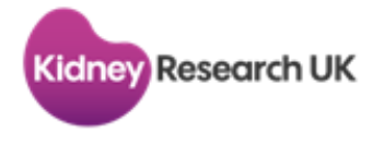 The image features the logo of Kidney Research UK, which includes a stylized kidney shape in gradient shades of pink and purple alongside the organization's name in bold, modern typography. This logo represents the charity's focus on kidney health and research.